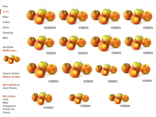 Google-Bildersuche: Weitere Größen - Äpfel