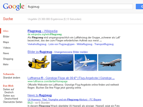 Google-Universal-Search: Flugzeug